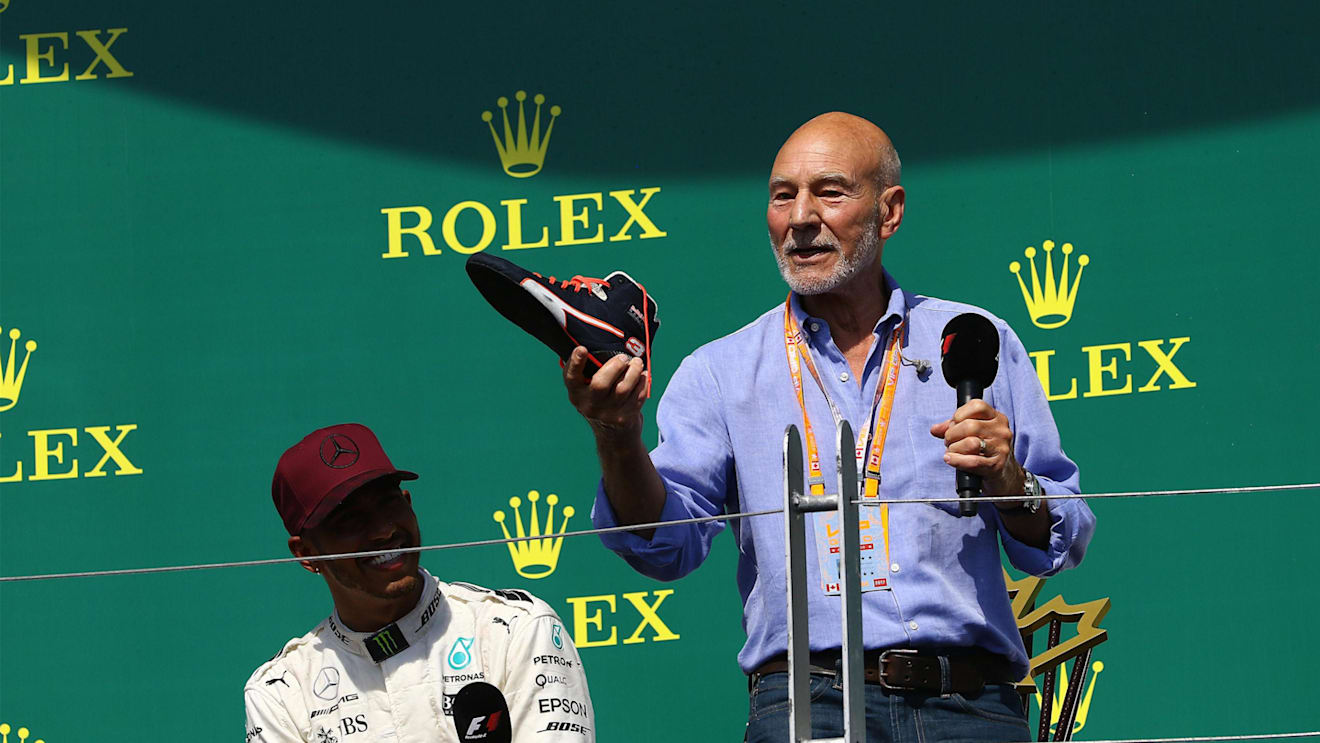 Patrick Stewart (GBR) does a shoey on the podium at Formula One World Championship, Rd7, Canadian Grand Prix, Race, Montreal, Canada, Sunday 11 June 2017. © Sutton Motorsport Images
