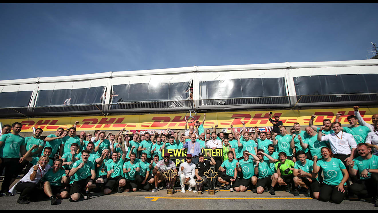 Race winner Lewis Hamilton (GBR) Mercedes AMG F1 celebrates with Valtteri Bottas (FIN) Mercedes AMG F1, Patrick Stewart (GBR) and the team at Formula One World Championship, Rd7, Canadian Grand Prix, Race, Montreal, Canada, Sunday 11 June 2017. © Sutton Motorsport Images