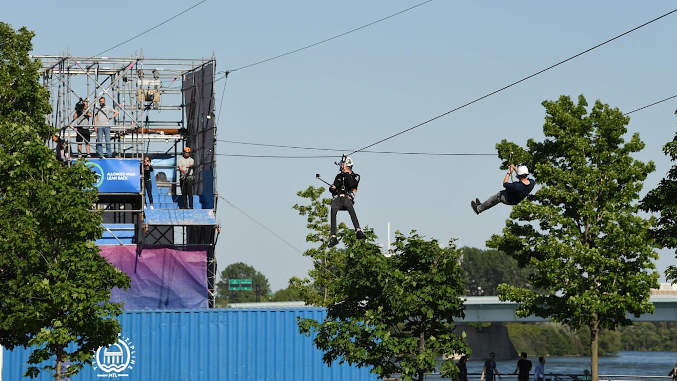 Esteban Ocon (FRA) Force India F1 on a zip wire at a Hype Energy Drink Event at Formula One World Championship, Rd7, Canadian Grand Prix, Preparations, Montreal, Canada, Wednesday 7 June 2017. © Sutton Motorsport Images