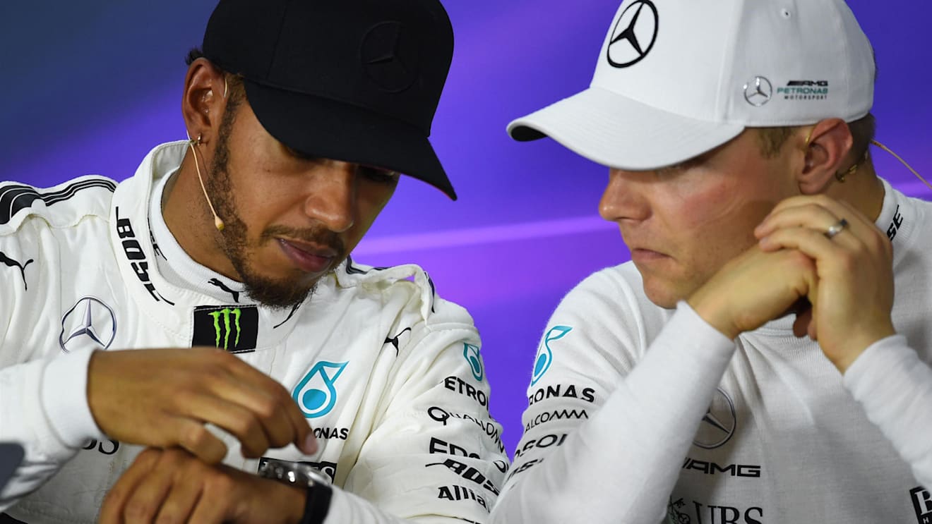 Lewis Hamilton (GBR) Mercedes AMG F1 and Valtteri Bottas (FIN) Mercedes AMG F1 in the Press Conference at Formula One World Championship, Rd2, Chinese Grand Prix, Qualifying, Shanghai, China, Saturday 8 April 2017. © Sutton Motorsport Images