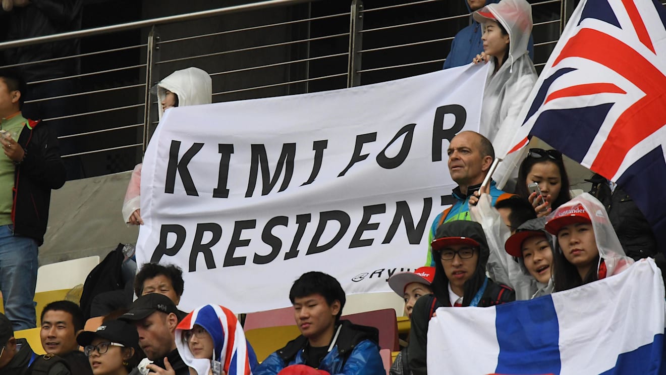 Kimi Raikkonen (FIN) Ferrari 'Kimi For President' fans and flag at Formula One World Championship, Rd2, Chinese Grand Prix, Race, Shanghai, China, Sunday 9 April 2017. © Sutton Motorsport Images