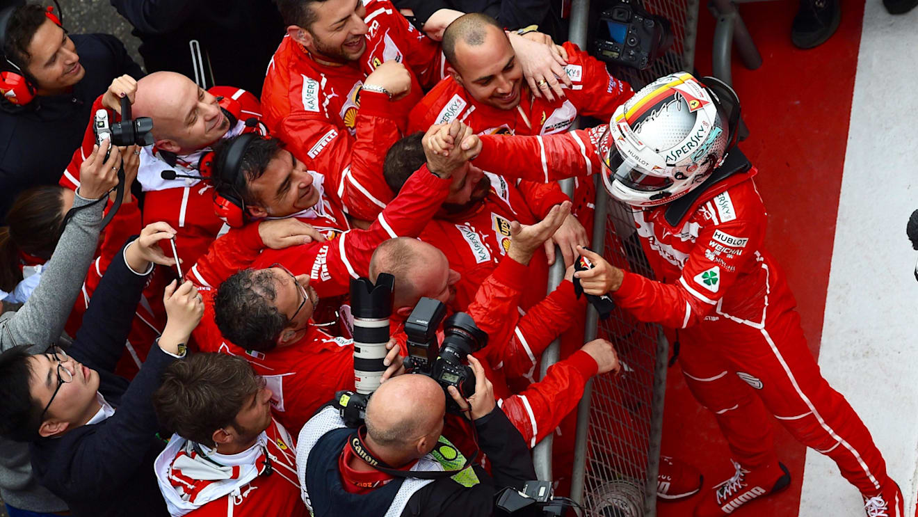 Sebastian Vettel (GER) Ferrari celebrates in parc ferme with the team at Formula One World Championship, Rd2, Chinese Grand Prix, Race, Shanghai, China, Sunday 9 April 2017. © Sutton Motorsport Images