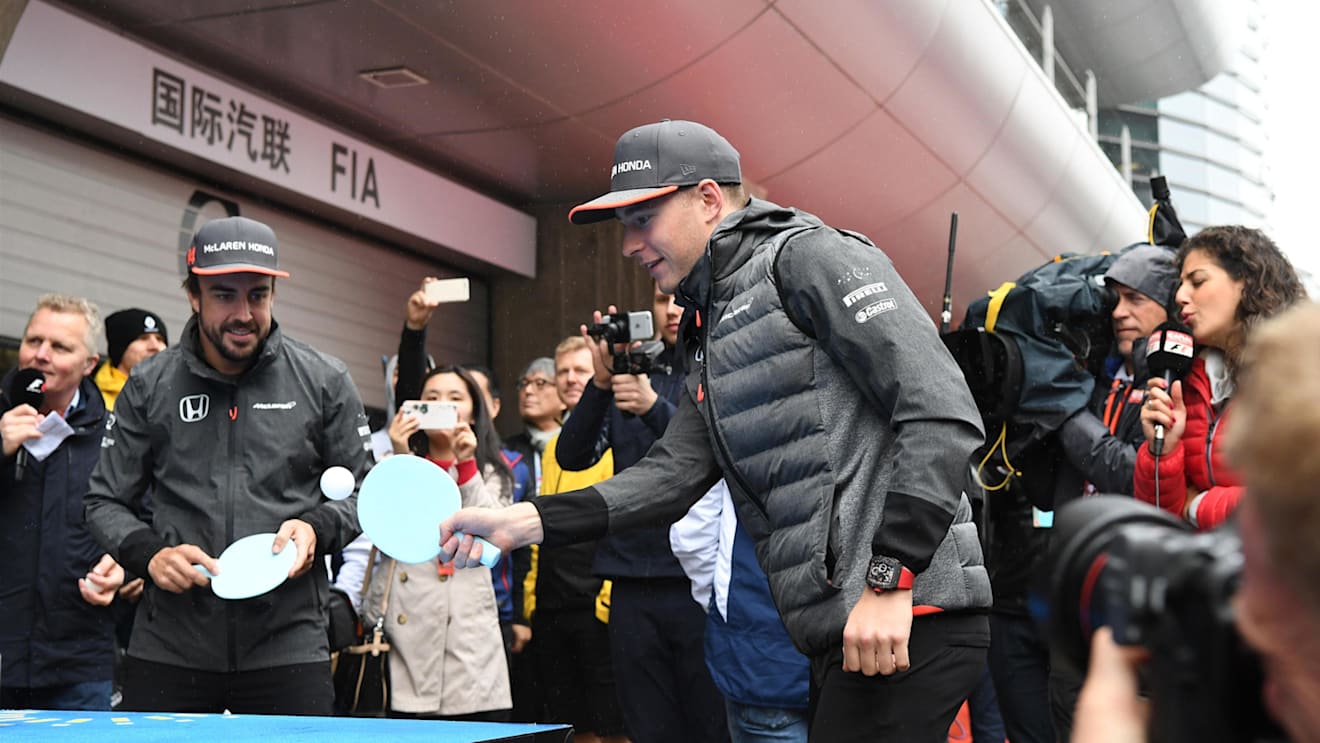 Fernando Alonso (ESP) McLaren and Stoffel Vandoorne (BEL) McLaren play table tennis at Formula One World Championship, Rd2, Chinese Grand Prix, Race, Shanghai, China, Sunday 9 April 2017. © Sutton Motorsport Images