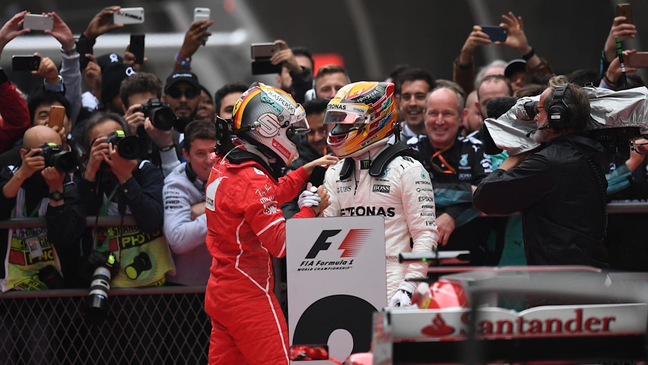 Lewis Hamilton (GBR) Mercedes AMG F1 and Sebastian Vettel (GER) Ferrari in parc ferme at Formula One World Championship, Rd2, Chinese Grand Prix, Race, Shanghai, China, Sunday 9 April 2017. © Sutton Motorsport Images
