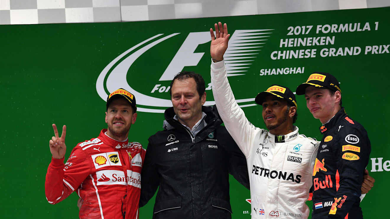Vettel (GER), Costa (ITA), Hamilton (GBR) and Verstappen (NED) celebrate on the podium at Formula One World Championship, Rd2, Chinese Grand Prix, Race, Shanghai, China, Sunday 9 April 2017. © Sutton Motorsport Images