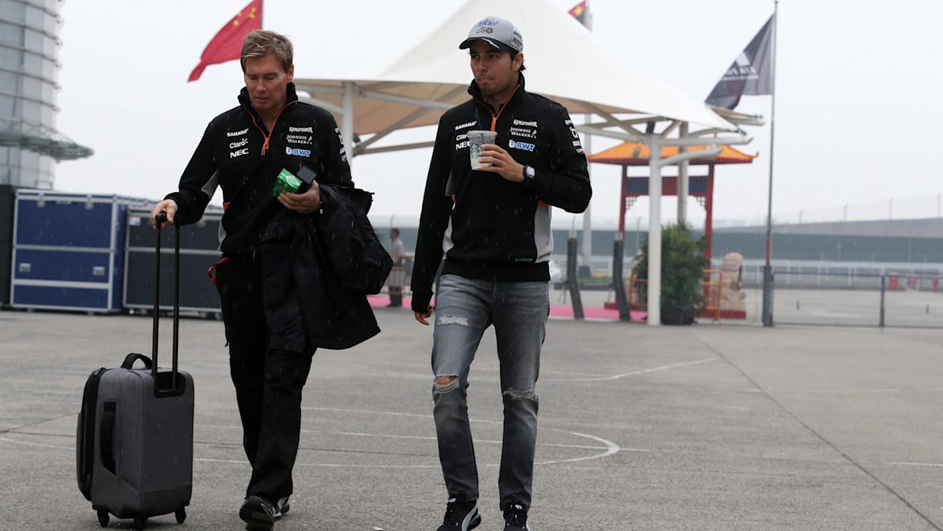 Sergio Perez (MEX) Force India and Xavi Martos (ESP) Trainer at Formula One World Championship, Rd2, Chinese Grand Prix, Preparations, Shanghai, China, Thursday 6 April 2017. © Sutton Motorsport Images