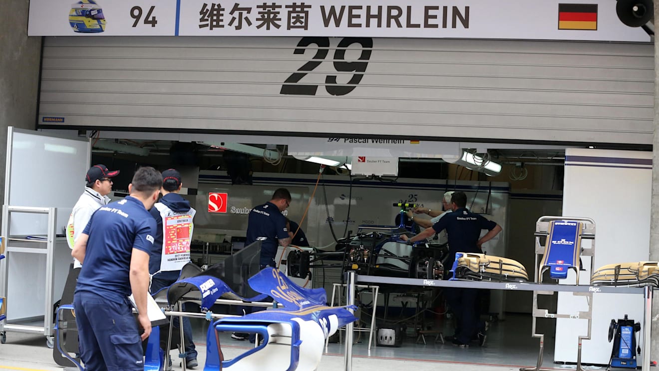 The garage of Antonio Giovinazzi (ITA) Sauber with Pascal Wehrlein (GER) Sauber sign at Formula One World Championship, Rd2, Chinese Grand Prix, Preparations, Shanghai, China, Thursday 6 April 2017. © Sutton Motorsport Images