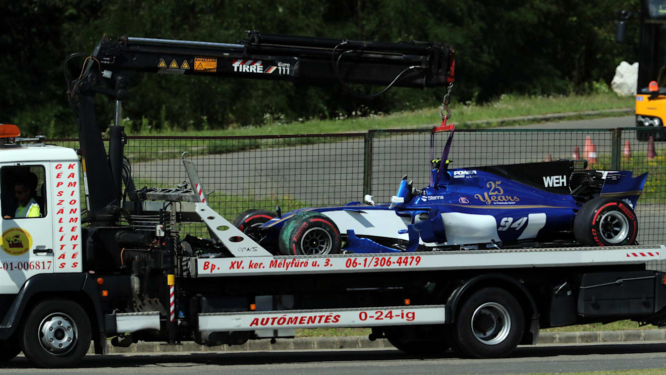 The crashed car of Pascal Wehrlein (GER) Sauber C36 is recovered in FP2 at Formula One World Championship, Rd11, Hungarian Grand Prix, Practice, Hungaroring, Hungary, Friday 28 July 2017. © Sutton Images