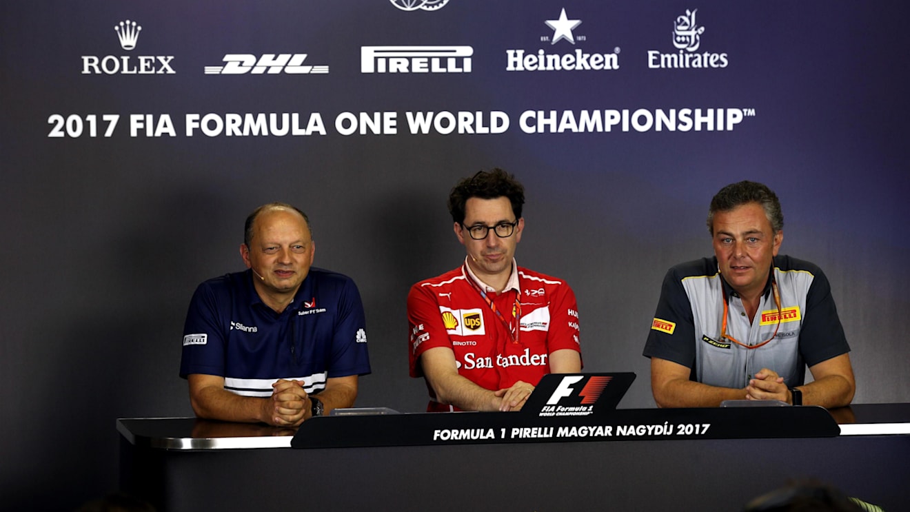 Frederic Vasseur (FRA) Sauber Team Principal, Mattia Binotto (ITA) Ferrari Chief Technical Officer and Mario Isola (ITA) Pirelli Sporting Director in the Press Conference at Formula One World Championship, Rd11, Hungarian Grand Prix, Practice, Hungaroring, Hungary, Friday 28 July 2017. © Sutton Images