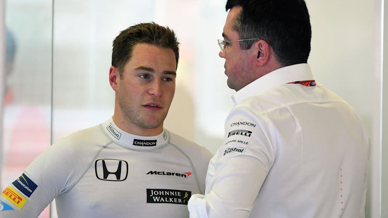 Stoffel Vandoorne (BEL) McLaren MCL32 and Eric Boullier (FRA) McLaren Racing Director at Formula One World Championship, Rd11, Hungarian Grand Prix, Practice, Hungaroring, Hungary, Friday 28 July 2017. © Sutton Images