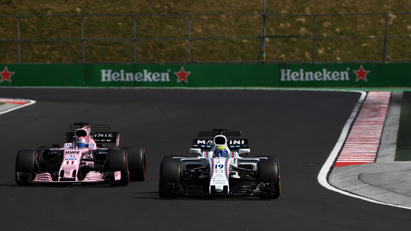 Felipe Massa (BRA) Williams FW40 and Sergio Perez (MEX) Force India VJM10 at Formula One World Championship, Rd11, Hungarian Grand Prix, Practice, Hungaroring, Hungary, Friday 28 July 2017. © Sutton Images