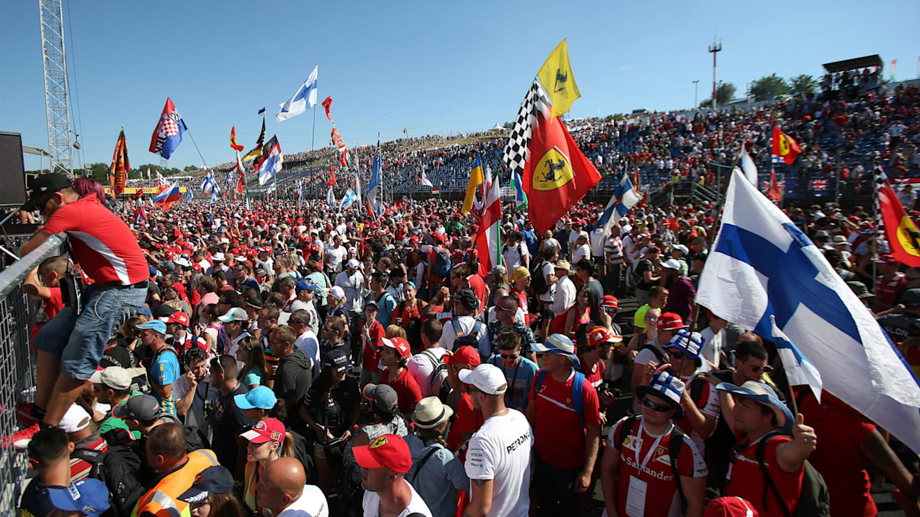 Ferrari Fans and flags at the podium celebrations at Formula One World Championship, Rd11, Hungarian Grand Prix, Race, Hungaroring, Hungary, Sunday 30 July 2017. © Sutton Images