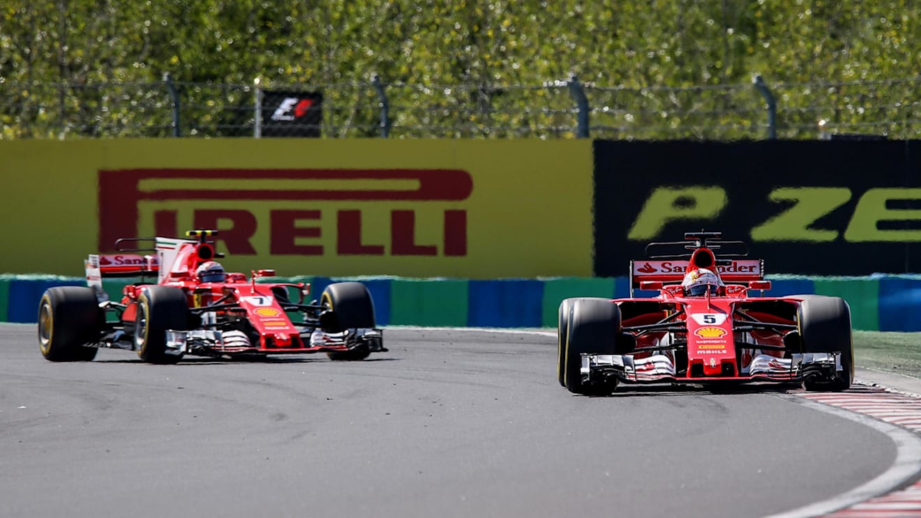 Sebastian Vettel (GER) Ferrari SF70-H and Kimi Raikkonen (FIN) Ferrari SF70-H at Formula One World Championship, Rd11, Hungarian Grand Prix, Race, Hungaroring, Hungary, Sunday 30 July 2017. © Sutton Images