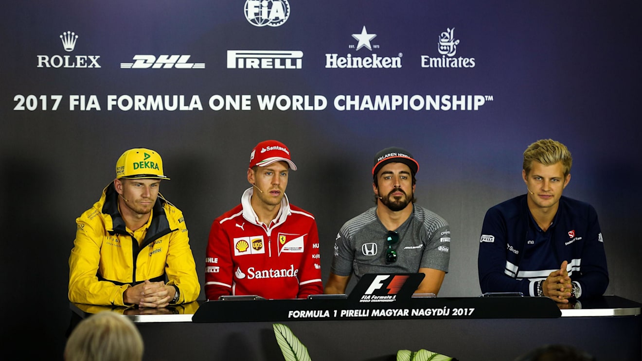Nico Hulkenberg (GER) Renault Sport F1 Team, Sebastian Vettel (GER) Ferrari, Fernando Alonso (ESP) McLaren and Marcus Ericsson (SWE) Sauber in the Press Conference at Formula One World Championship, Rd11, Hungarian Grand Prix, Preparations, Hungaroring, Hungary, Thursday 27 July 2017. © Sutton Images
