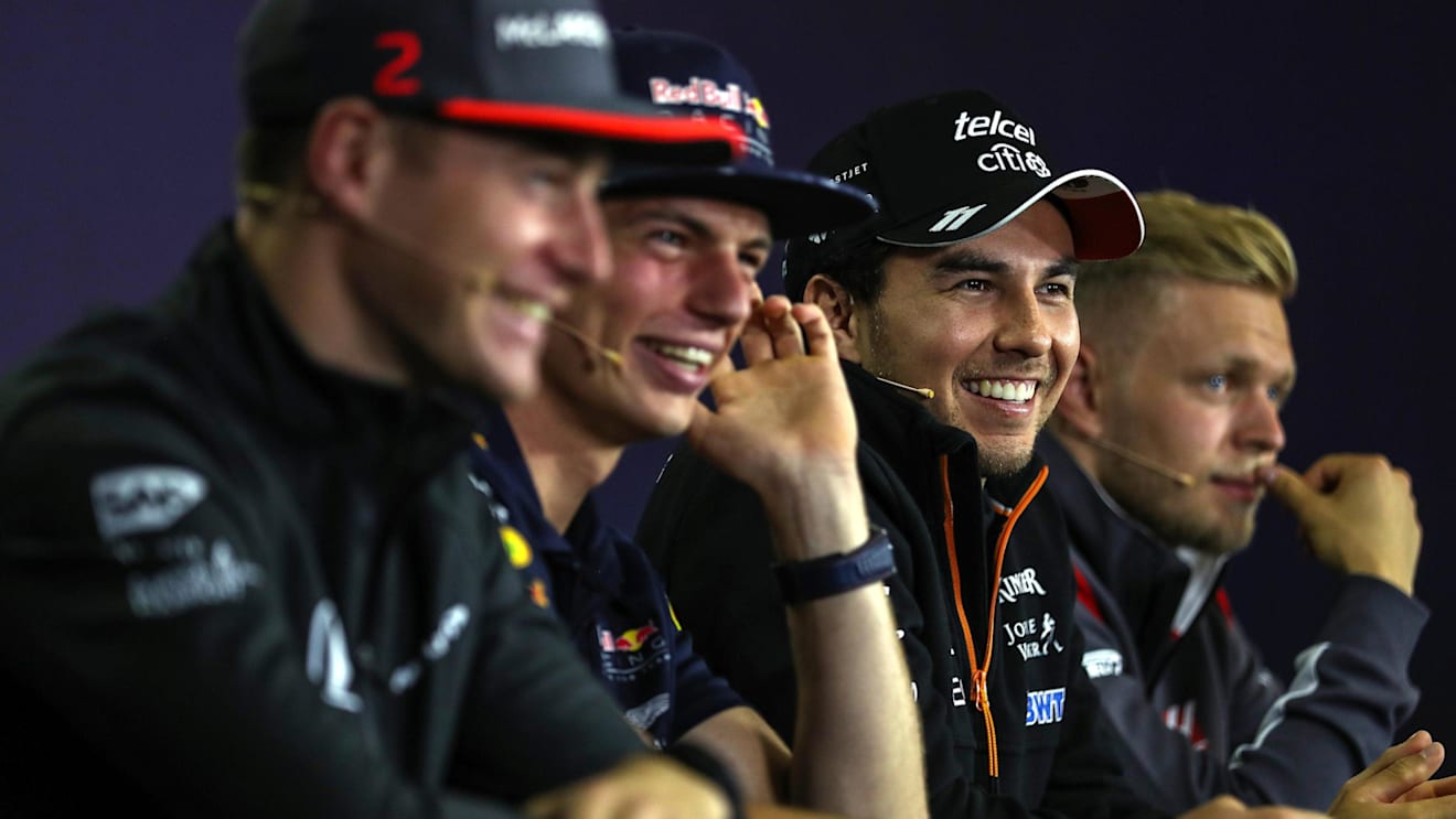 Stoffel Vandoorne (BEL) McLaren, Max Verstappen (NED) Red Bull Racing, Sergio Perez (MEX) Force India and Kevin Magnussen (DEN) Haas F1 in the Press Conference at Formula One World Championship, Rd11, Hungarian Grand Prix, Preparations, Hungaroring, Hungary, Thursday 27 July 2017. © Sutton Images