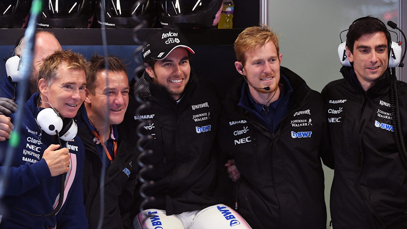 Sergio Perez (MEX) Force India and mechanics at Formula One World Championship, Rd13, Italian Grand Prix, Qualifying, Monza, Italy, Saturday 2 September 2017. © Sutton Images