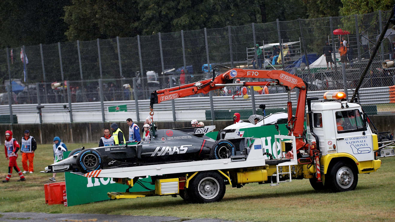 The crashed car of Romain Grosjean (FRA) Haas VF-17 is recovered in Q1 at Formula One World Championship, Rd13, Italian Grand Prix, Qualifying, Monza, Italy, Saturday 2 September 2017. © Sutton Images