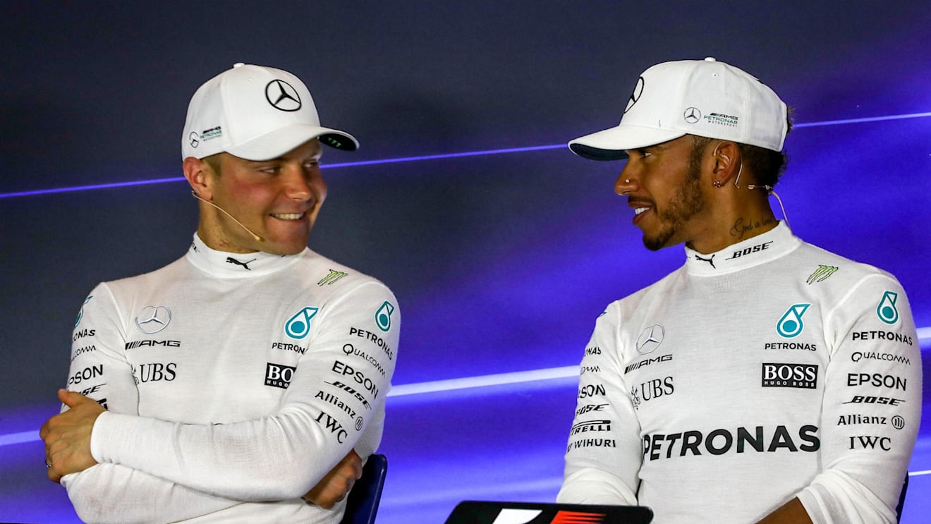Valtteri Bottas (FIN) Mercedes AMG F1 and Lewis Hamilton (GBR) Mercedes AMG F1 in the Press Conference at Formula One World Championship, Rd13, Italian Grand Prix, Race, Monza, Italy, Sunday 3 September 2017. © Sutton Images