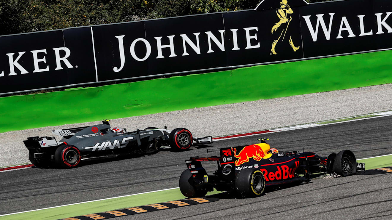 Max Verstappen (NED) Red Bull Racing RB13 with front puncture at Formula One World Championship, Rd13, Italian Grand Prix, Race, Monza, Italy, Sunday 3 September 2017. © Sutton Images