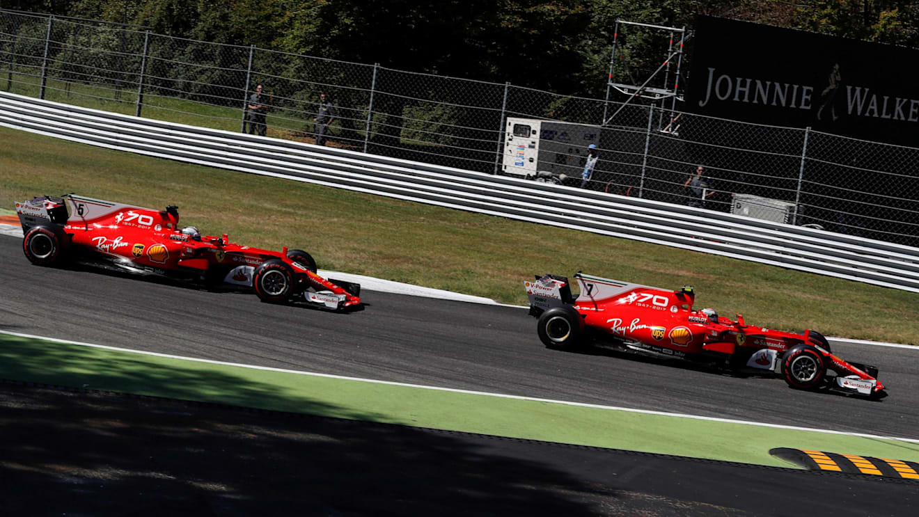 Sebastian Vettel (GER) Ferrari SF70-H and Kimi Raikkonen (FIN) Ferrari SF70-H battle at Formula One World Championship, Rd13, Italian Grand Prix, Race, Monza, Italy, Sunday 3 September 2017. © Sutton Images