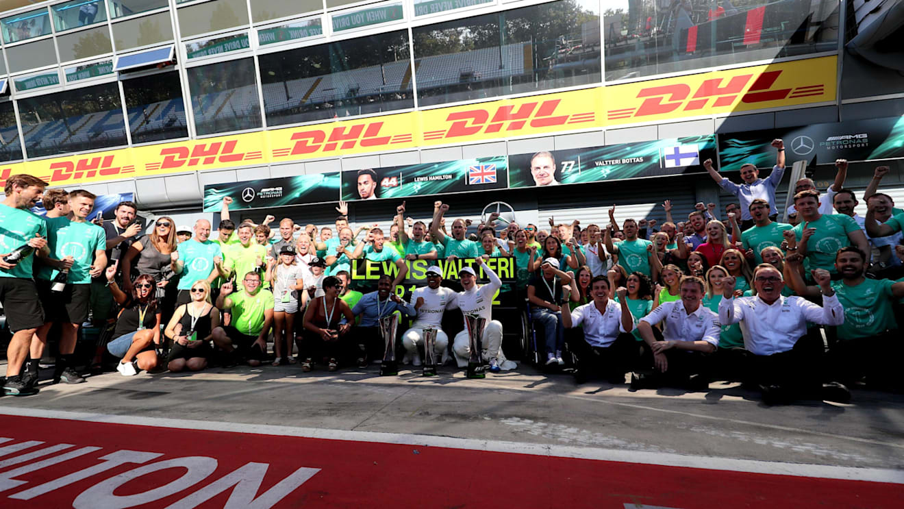 Race winner Lewis Hamilton (GBR) Mercedes AMG F1 and Valtteri Bottas (FIN) Mercedes AMG F1 celebrate with the team at Formula One World Championship, Rd13, Italian Grand Prix, Race, Monza, Italy, Sunday 3 September 2017. © Sutton Images