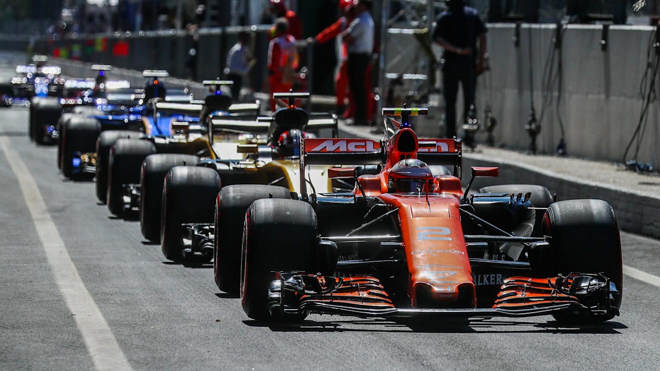 Cars line up in the pitlane at Formula One World Championship, Rd13, Italian Grand Prix, Race, Monza, Italy, Sunday 3 September 2017. © Sutton Images