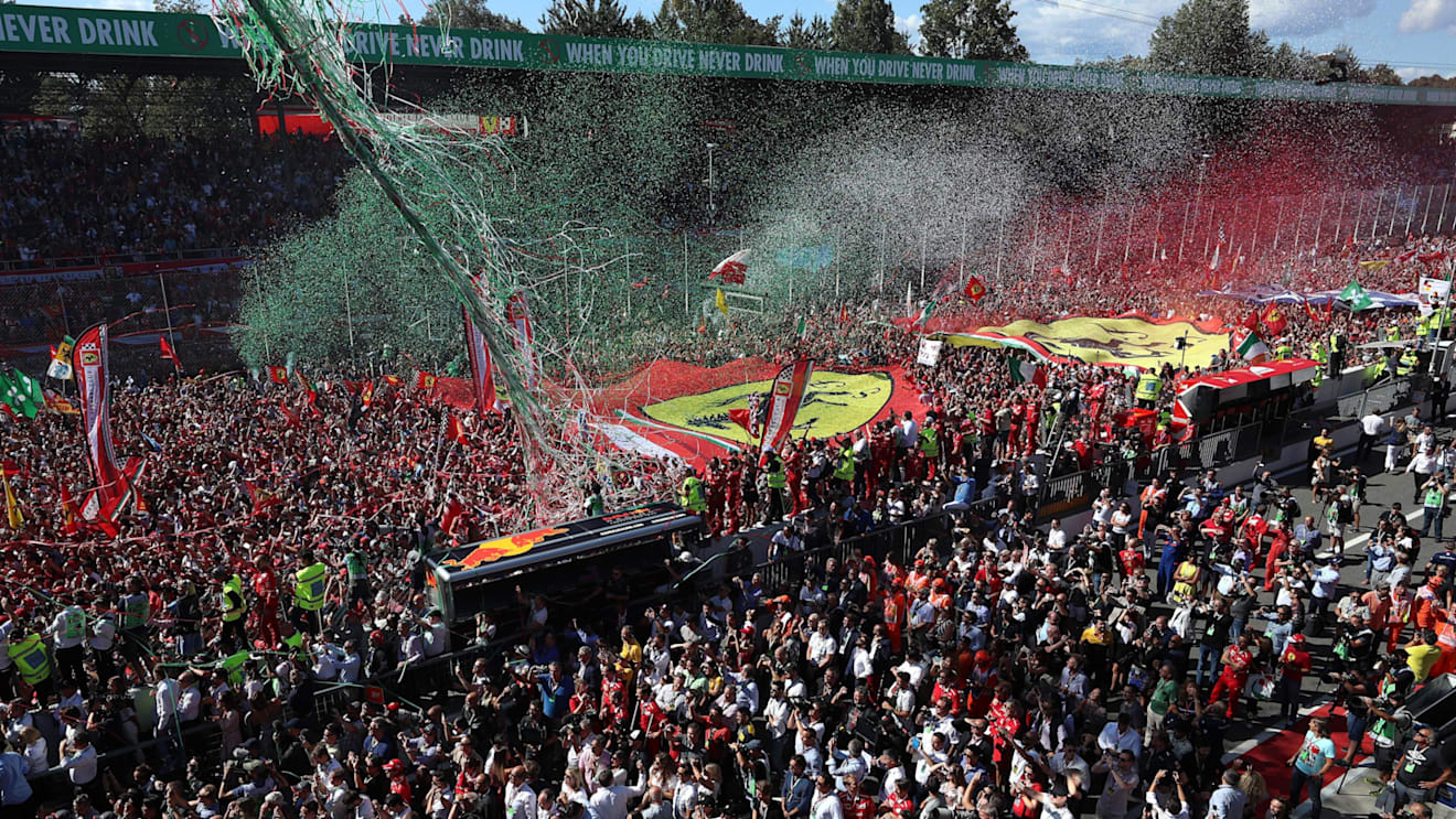 Ferrari fans and flags at the podium celebrations at Formula One World Championship, Rd13, Italian Grand Prix, Race, Monza, Italy, Sunday 3 September 2017. © Sutton Images