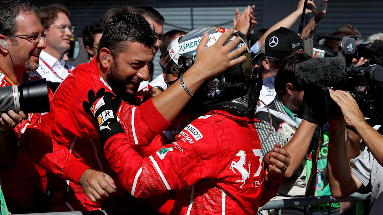Sebastian Vettel (GER) Ferrari celebrates in parc ferme with the team at Formula One World Championship, Rd13, Italian Grand Prix, Race, Monza, Italy, Sunday 3 September 2017. © Sutton Images