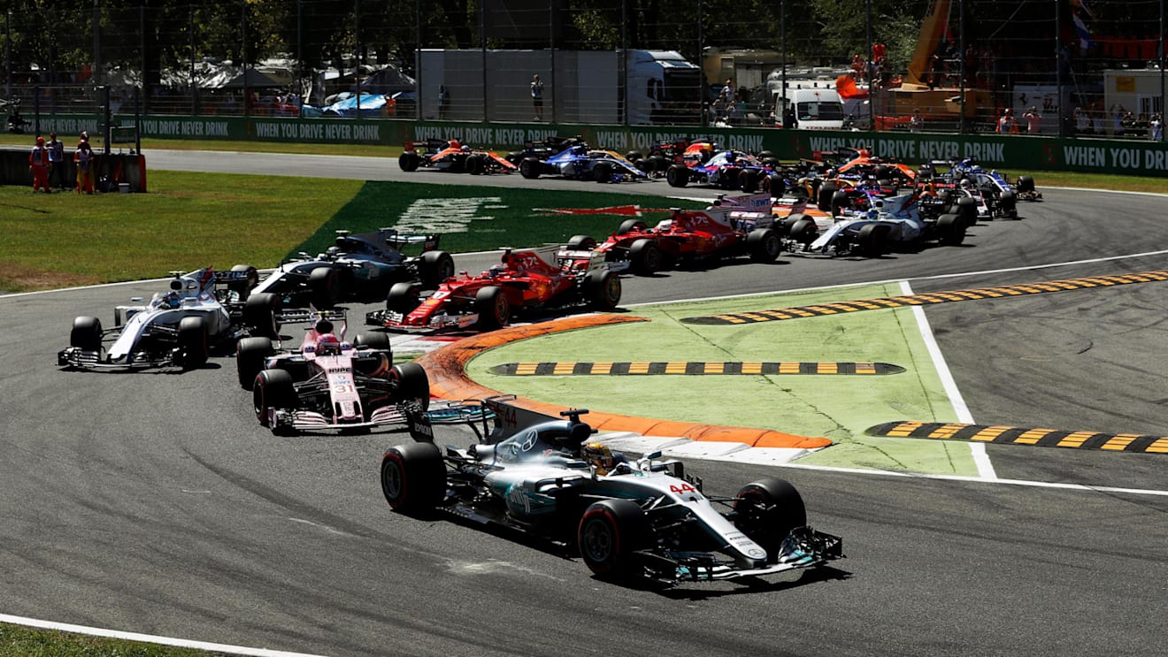 Lewis Hamilton (GBR) Mercedes-Benz F1 W08 Hybrid leads at the start of the race at Formula One World Championship, Rd13, Italian Grand Prix, Race, Monza, Italy, Sunday 3 September 2017. © Sutton Images