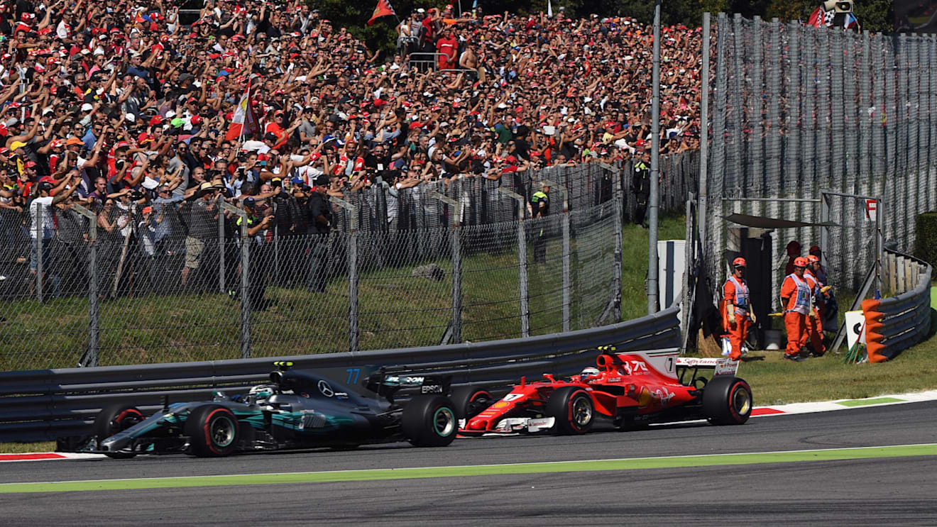 Valtteri Bottas (FIN) Mercedes-Benz F1 W08 Hybrid and Kimi Raikkonen (FIN) Ferrari SF70-H battle at Formula One World Championship, Rd13, Italian Grand Prix, Race, Monza, Italy, Sunday 3 September 2017. © Sutton Images
