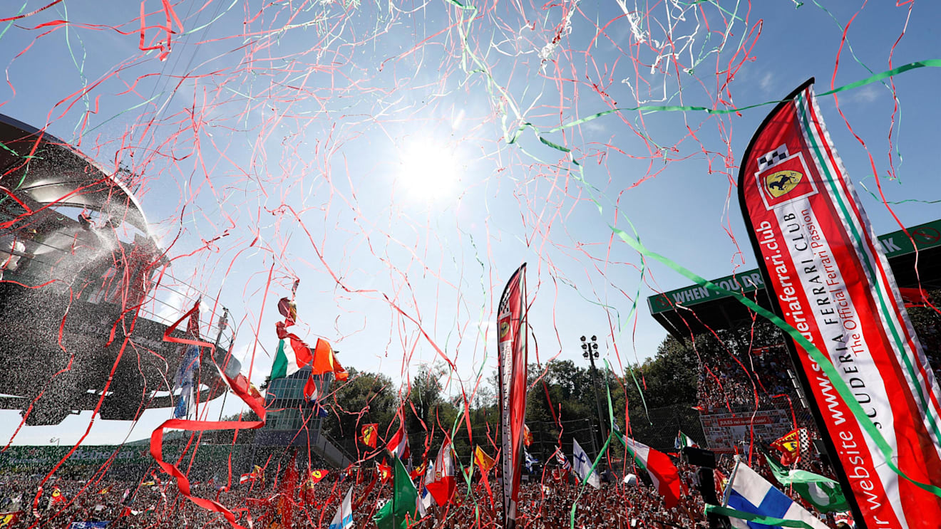 Fans and flags and podium celebrations at Formula One World Championship, Rd13, Italian Grand Prix, Race, Monza, Italy, Sunday 3 September 2017. © Sutton Images