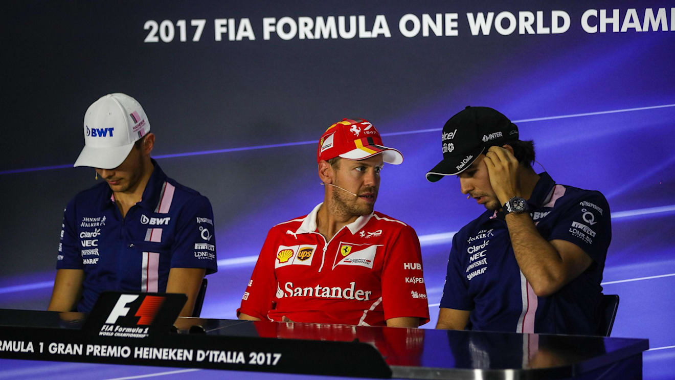 Esteban Ocon (FRA) Force India, Sebastian Vettel (GER) Ferrari and Sergio Perez (MEX) Force India in the Press Conference at Formula One World Championship, Rd13, Italian Grand Prix, Preparations, Monza, Italy, Thursday 31 August 2017. © Sutton Images