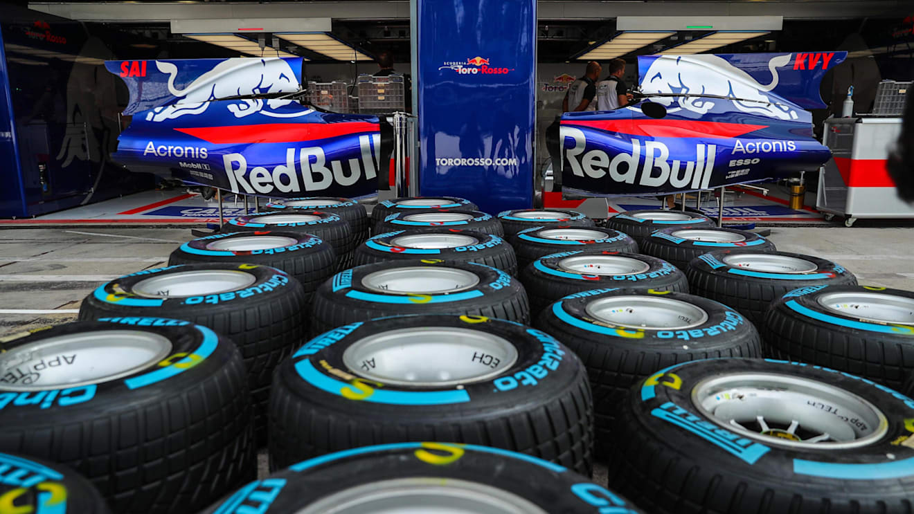Scuderia Toro Rosso STR12 bodywork detail in the garage with Pirelli tyres at Formula One World Championship, Rd13, Italian Grand Prix, Preparations, Monza, Italy, Thursday 31 August 2017. © Sutton Images