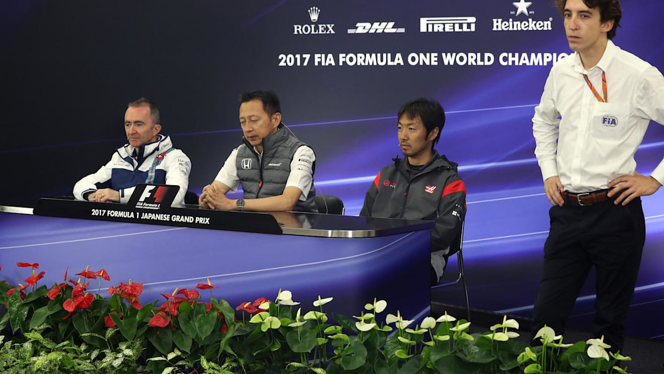 Paddy Lowe (GBR) Williams Shareholder and Technical Director, Yusuke Hasegawa (JPN) Head of Honda Motorsport and Ayao Komatsu (JPN) Haas F1 Engineer in the Press Conference at Formula One World Championship, Rd16, Japanese Grand Prix, Practice, Suzuka, Japan, Friday 6 October 2017. © Kym Illman/Sutton Images