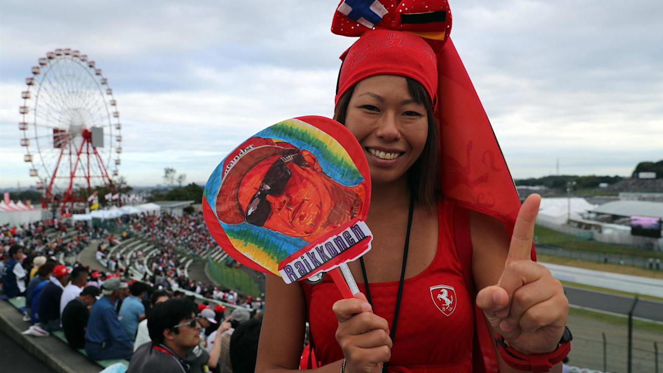 Fan with Kimi Raikkonen (FIN) Ferrari banner at Formula One World Championship, Rd16, Japanese Grand Prix, Qualifying, Suzuka, Japan, Saturday 7 October 2017. © Kym Illman/Sutton Images