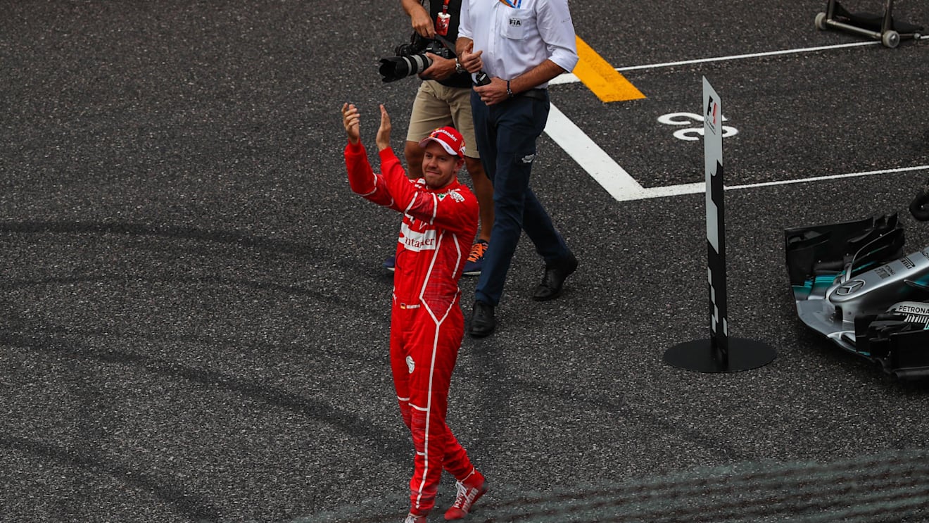 Sebastian Vettel (GER) Ferrari celebrates in parc ferme at Formula One World Championship, Rd16, Japanese Grand Prix, Qualifying, Suzuka, Japan, Saturday 7 October 2017. © Kym Illman/Sutton Images