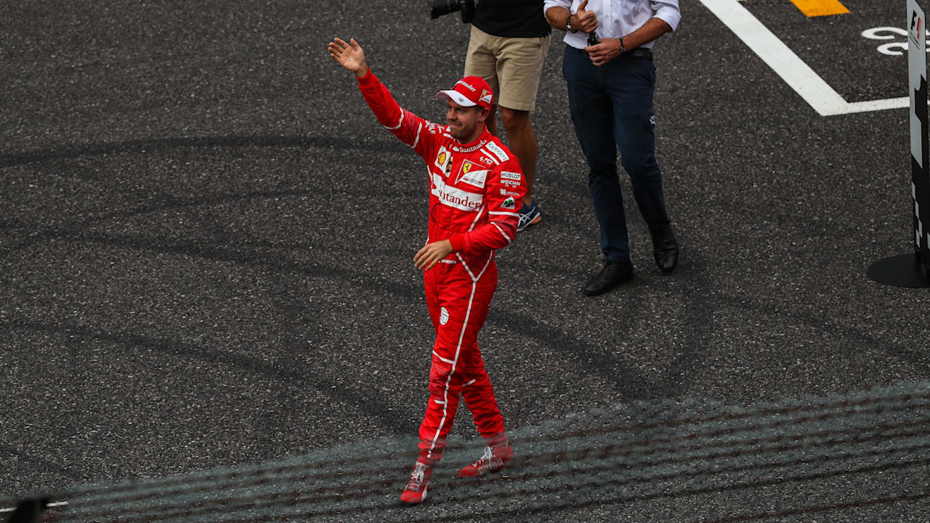Sebastian Vettel (GER) Ferrari celebrates in parc ferme at Formula One World Championship, Rd16, Japanese Grand Prix, Qualifying, Suzuka, Japan, Saturday 7 October 2017. © Kym Illman/Sutton Images