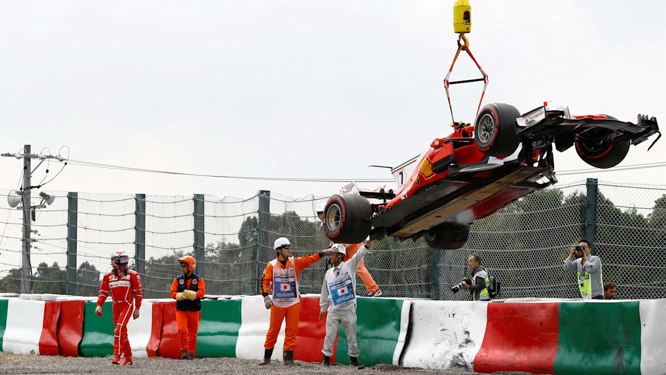 The crashed car of Kimi Raikkonen (FIN) Ferrari SF70-H is recovered in FP3 at Formula One World Championship, Rd16, Japanese Grand Prix, Qualifying, Suzuka, Japan, Saturday 7 October 2017. © Steven Tee/LAT/Sutton Images