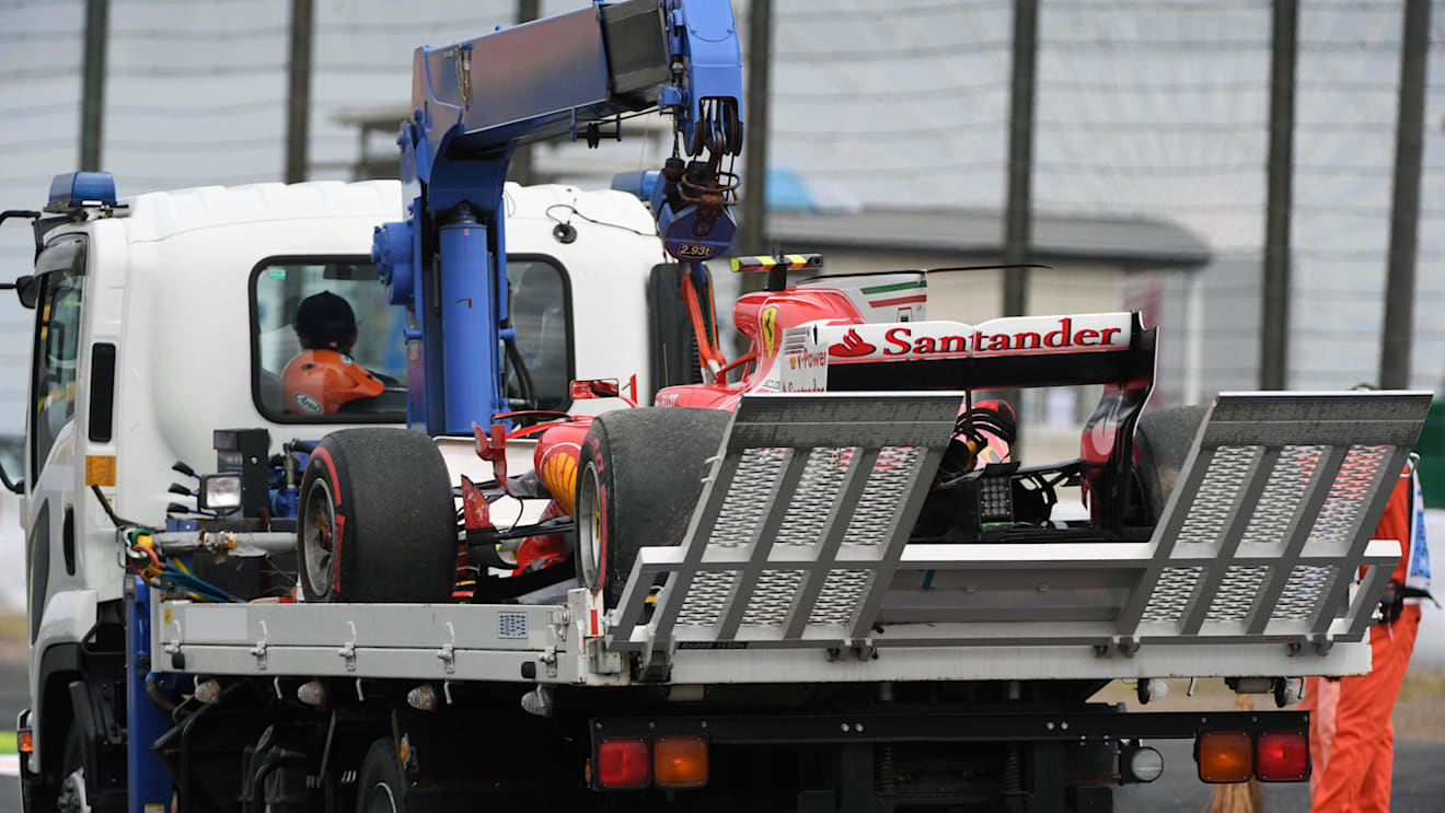 The crashed car of Kimi Raikkonen (FIN) Ferrari SF70-H is recovered in FP3 at Formula One World Championship, Rd16, Japanese Grand Prix, Qualifying, Suzuka, Japan, Saturday 7 October 2017. © Mark Sutton/Sutton Images