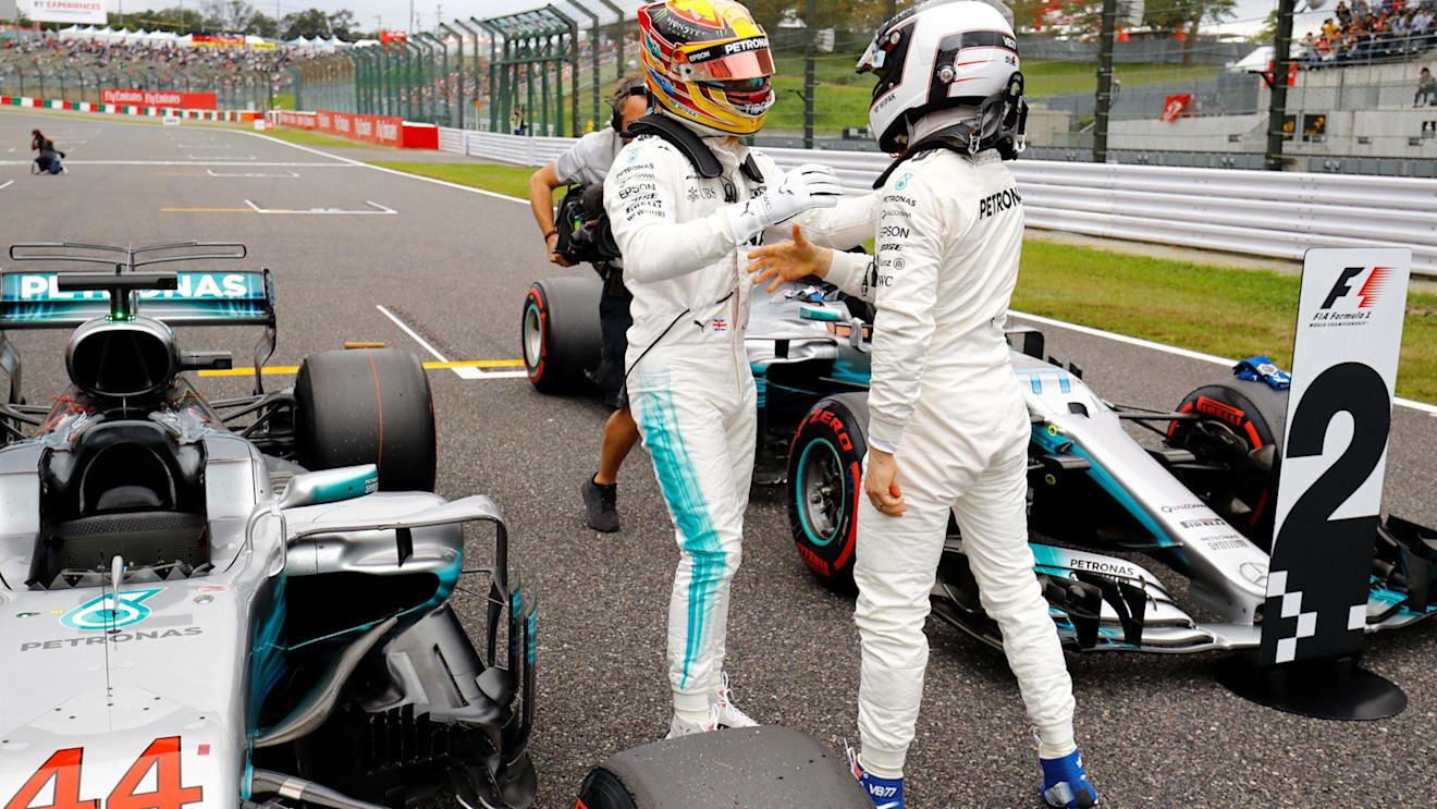 Pole sitter Lewis Hamilton (GBR) Mercedes AMG F1 and Valtteri Bottas (FIN) Mercedes AMG F1 celebrate in parc ferme at Formula One World Championship, Rd16, Japanese Grand Prix, Qualifying, Suzuka, Japan, Saturday 7 October 2017. © Mark Sutton/Sutton Images