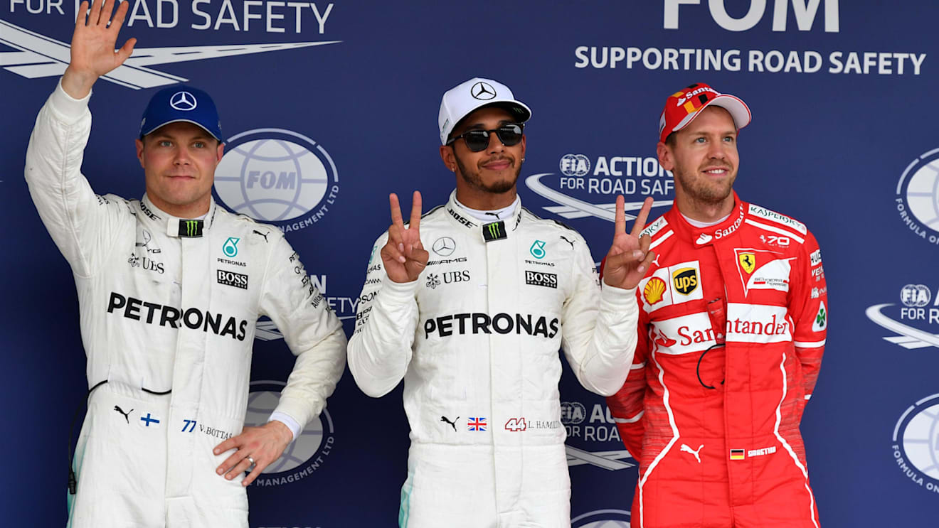 (L to R): Valtteri Bottas (FIN) Mercedes AMG F1, pole sitter Lewis Hamilton (GBR) Mercedes AMG F1 and Sebastian Vettel (GER) Ferrari celebrate in parc ferme at Formula One World Championship, Rd16, Japanese Grand Prix, Qualifying, Suzuka, Japan, Saturday 7 October 2017. © Mark Sutton/Sutton Images
