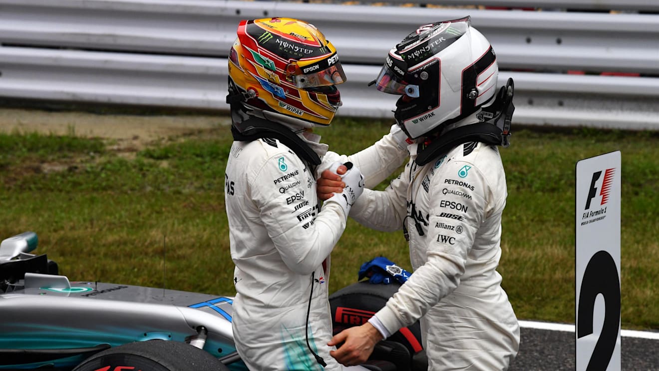 Pole sitter Lewis Hamilton (GBR) Mercedes AMG F1 and Valtteri Bottas (FIN) Mercedes AMG F1 celebrate in parc ferme at Formula One World Championship, Rd16, Japanese Grand Prix, Qualifying, Suzuka, Japan, Saturday 7 October 2017. © Mark Sutton/Sutton Images