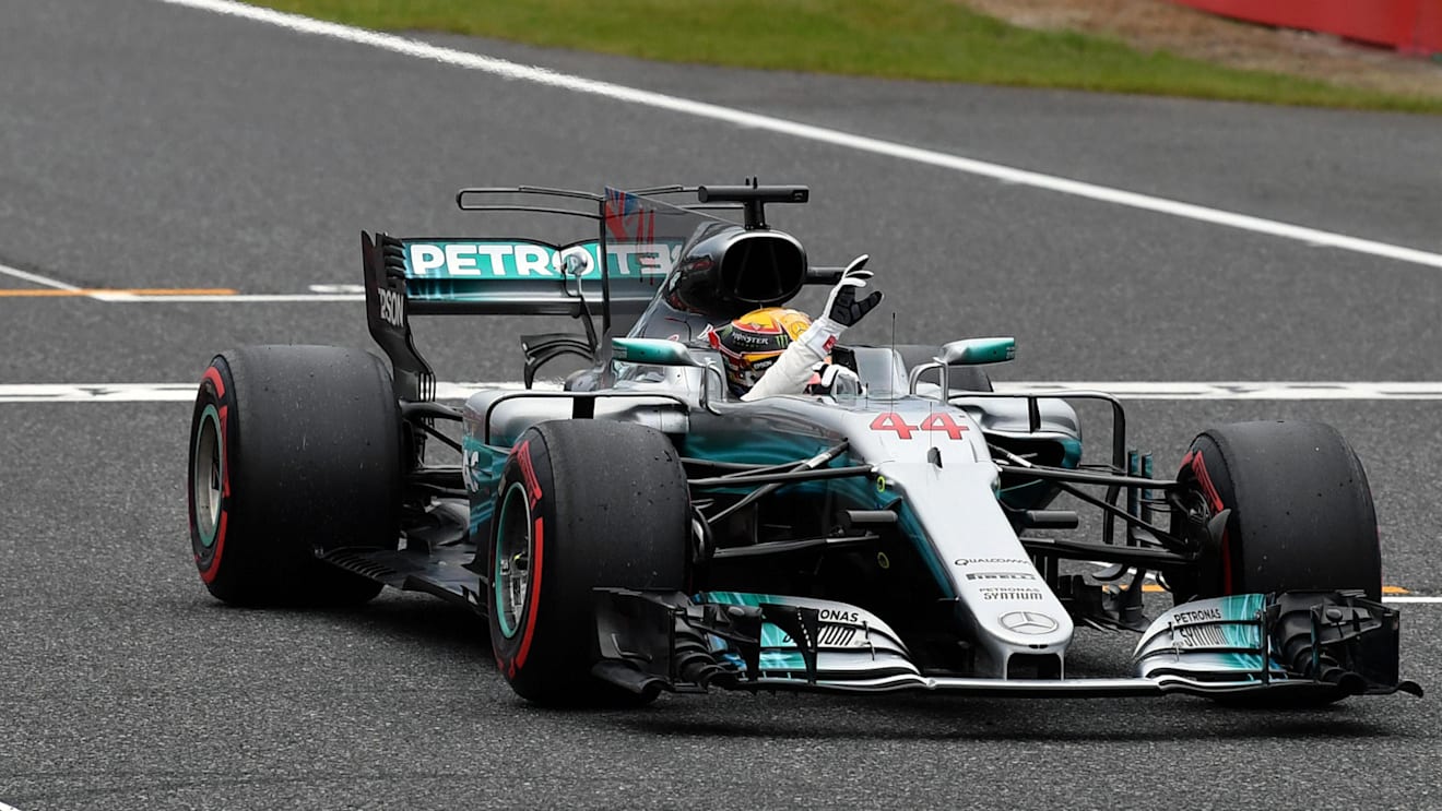 Lewis Hamilton (GBR) Mercedes-Benz F1 W08 Hybrid celebrates in parc ferme at Formula One World Championship, Rd16, Japanese Grand Prix, Qualifying, Suzuka, Japan, Saturday 7 October 2017. © Mark Sutton/Sutton Images
