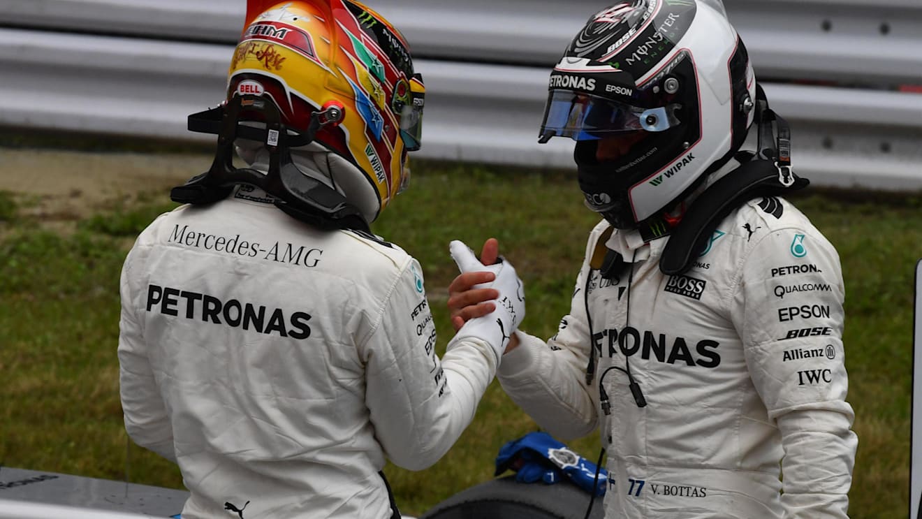 Pole sitter Lewis Hamilton (GBR) Mercedes AMG F1 and Valtteri Bottas (FIN) Mercedes AMG F1 celebrate in parc ferme at Formula One World Championship, Rd16, Japanese Grand Prix, Qualifying, Suzuka, Japan, Saturday 7 October 2017. © Mark Sutton/Sutton Images