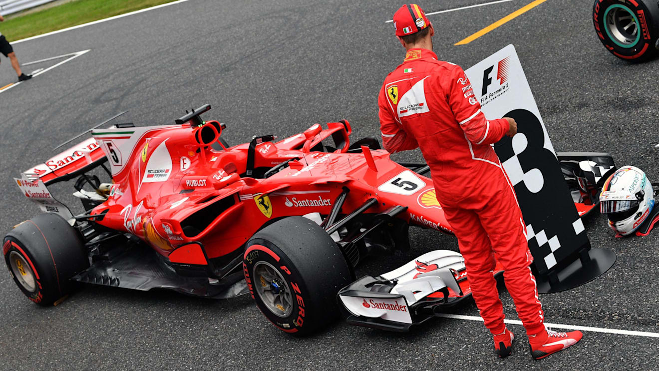 Sebastian Vettel (GER) Ferrari SF70-H in parc ferme at Formula One World Championship, Rd16, Japanese Grand Prix, Qualifying, Suzuka, Japan, Saturday 7 October 2017. © Mark Sutton/Sutton Images