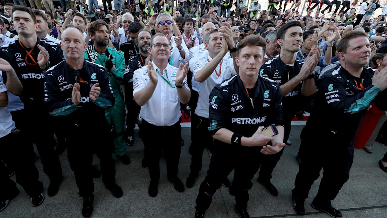 The Mercedes AMG F1 Team celebrate in parc ferme at Formula One World Championship, Rd16, Japanese Grand Prix, Race, Suzuka, Japan, Sunday 8 October 2017. © Kym Illman/Sutton Images
