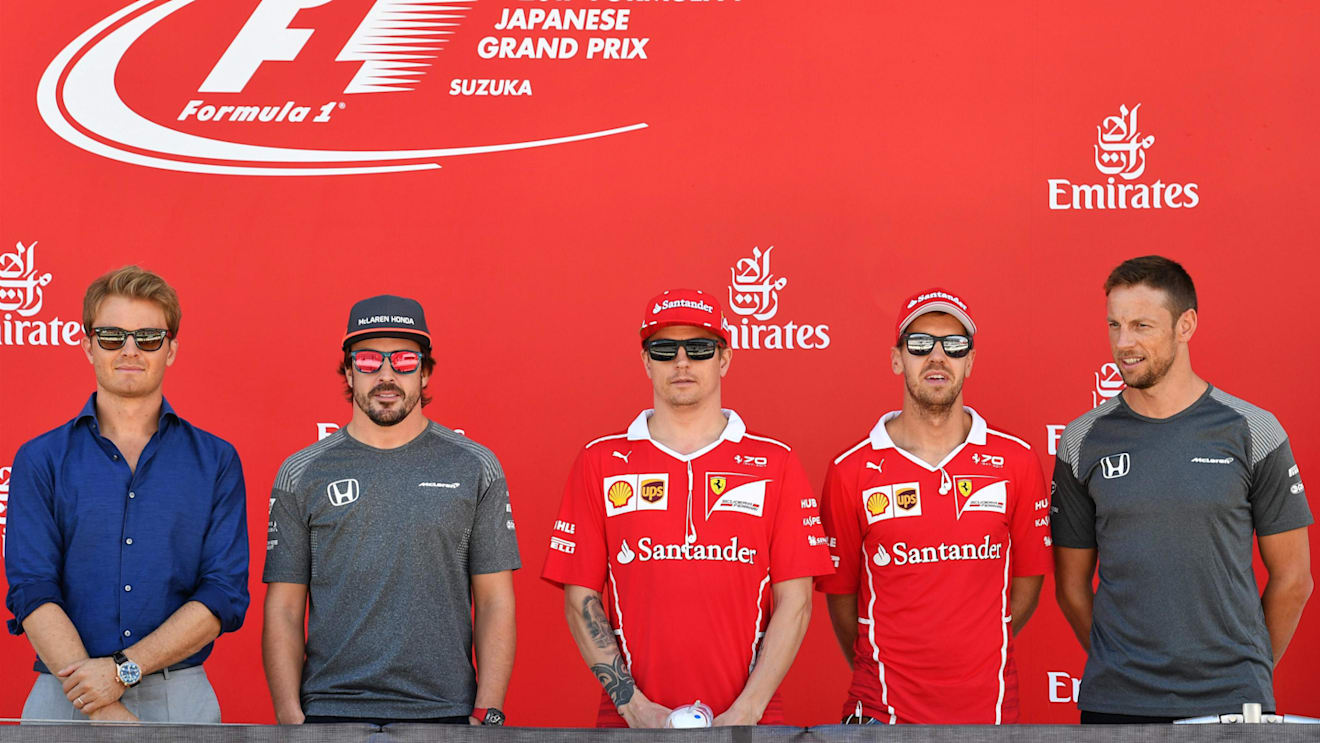 Nico Rosberg (GER) Mercedes-Benz Ambassador, Fernando Alonso (ESP) McLaren, Kimi Raikkonen (FIN) Ferrari, Sebastian Vettel (GER) Ferrari and Jenson Button (GBR) McLaren at Formula One World Championship, Rd16, Japanese Grand Prix, Race, Suzuka, Japan, Sunday 8 October 2017. © Mark Sutton/Sutton Images