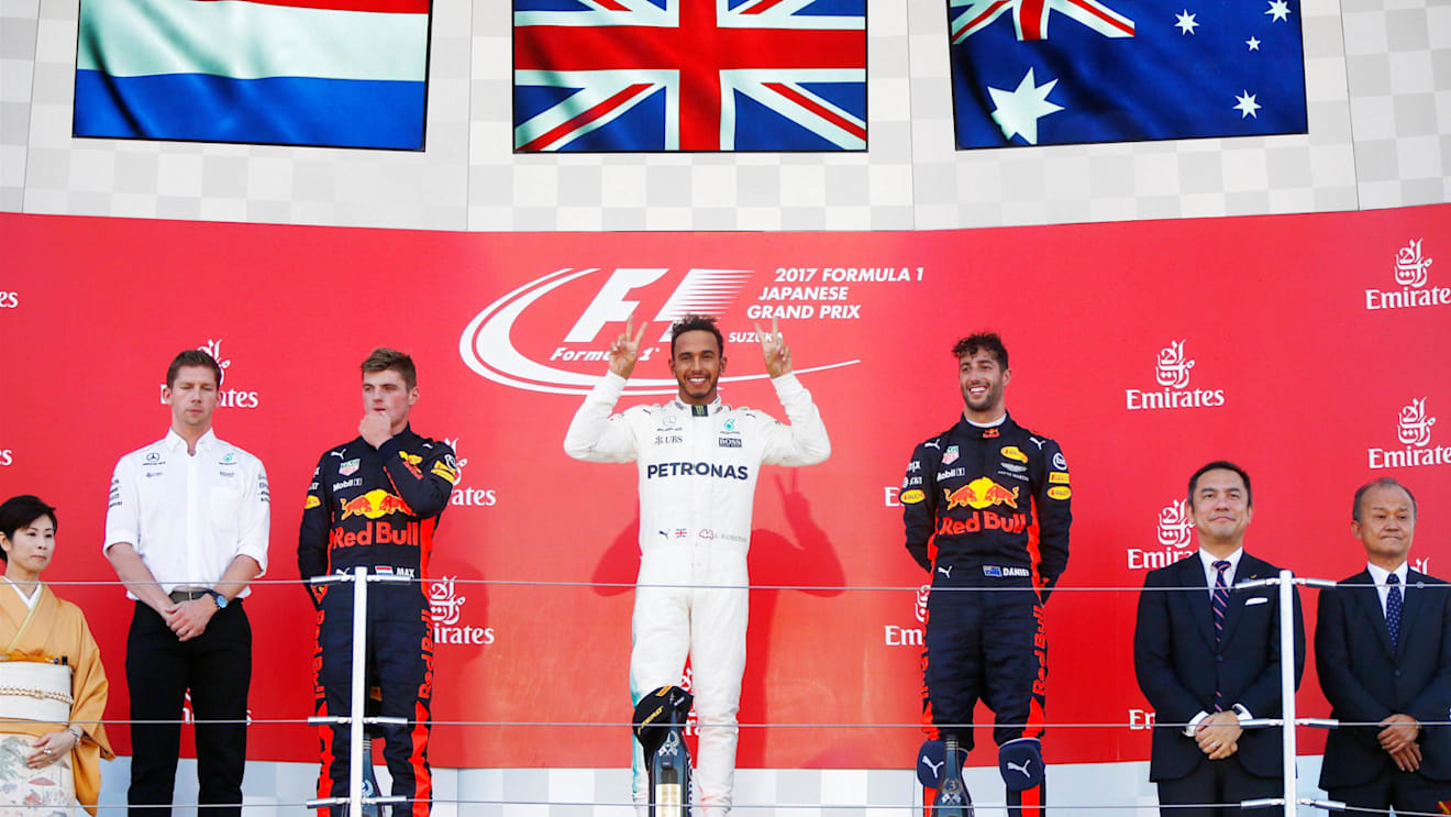 (L to R): James Vowles (GBR) Mercedes AMG F1 Chief Strategist, Max Verstappen (NED) Red Bull Racing, Lewis Hamilton (GBR) Mercedes AMG F1 and Daniel Ricciardo (AUS) Red Bull Racing celebrate on the podium at Formula One World Championship, Rd16, Japanese Grand Prix, Race, Suzuka, Japan, Sunday 8 October 2017. © Andy Hone/LAT/Sutton Images