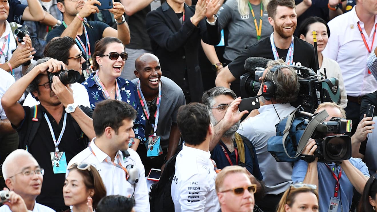 Mo Farah (GBR) celebrates in parc ferme at Formula One World Championship, Rd16, Japanese Grand Prix, Race, Suzuka, Japan, Sunday 8 October 2017. © Mark Sutton/Sutton Images