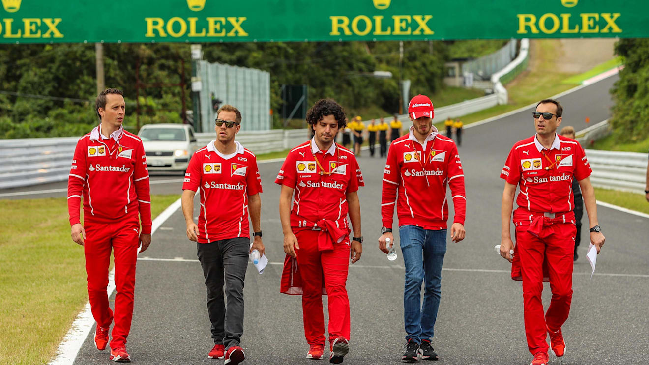 Sebastian Vettel (GER) Ferrari and Antonio Giovinazzi (ITA) Ferrari walk the track at Formula One World Championship, Rd16, Japanese Grand Prix, Preparations, Suzuka, Japan, Thursday 5 October 2017. © Kym Illman/Sutton Images